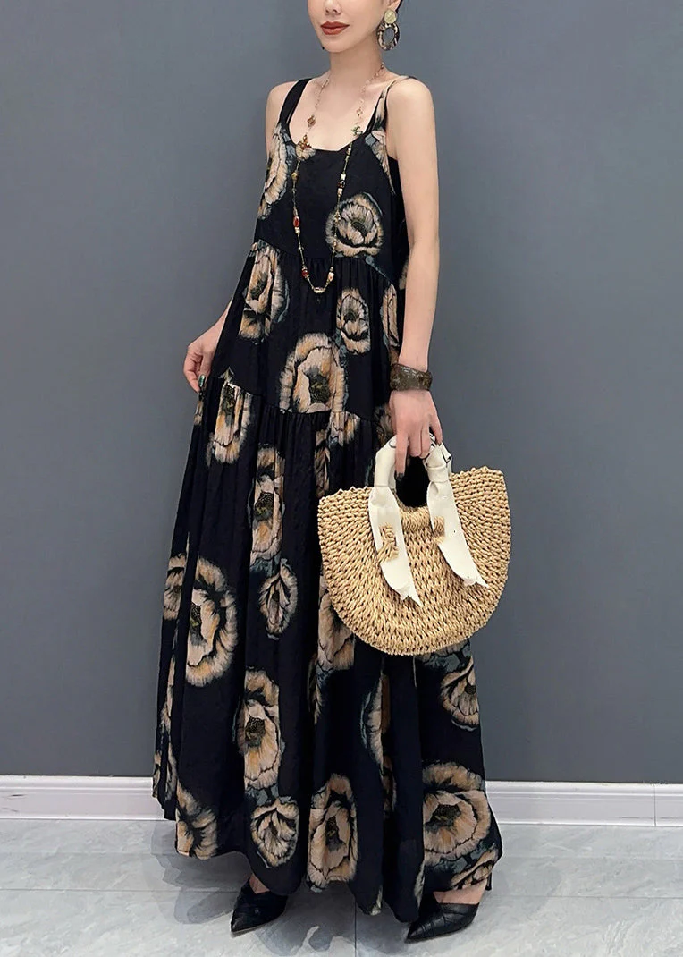 Natural Black U Neck Print Long Spaghetti Strap Dress Sleeveless - Image 4