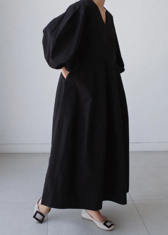 Natural Black V Neck lantern sleeve Cotton Party Dress - Image 2