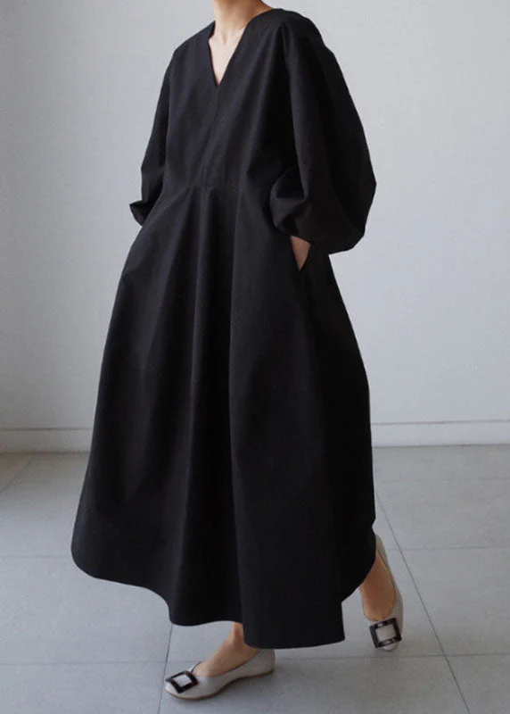 Natural Black V Neck lantern sleeve Cotton Party Dress - Image 3