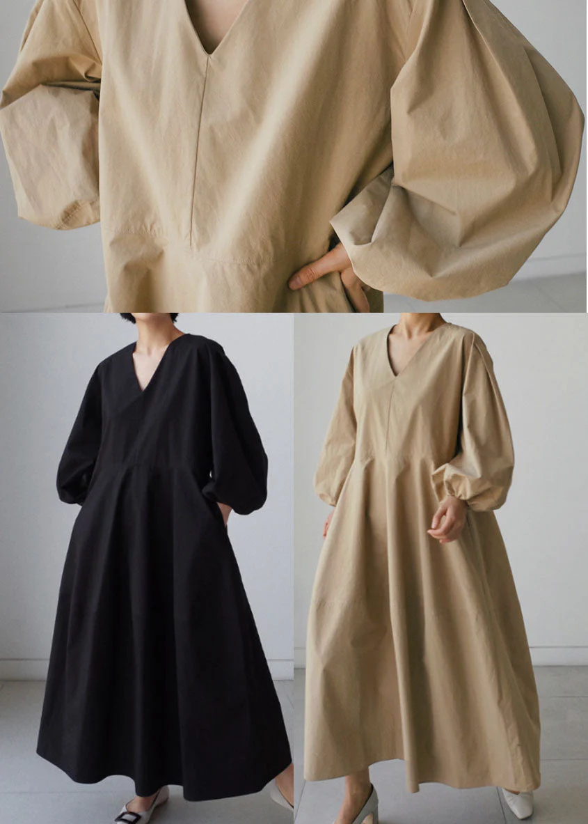 Natural Black V Neck lantern sleeve Cotton Party Dress - Image 5