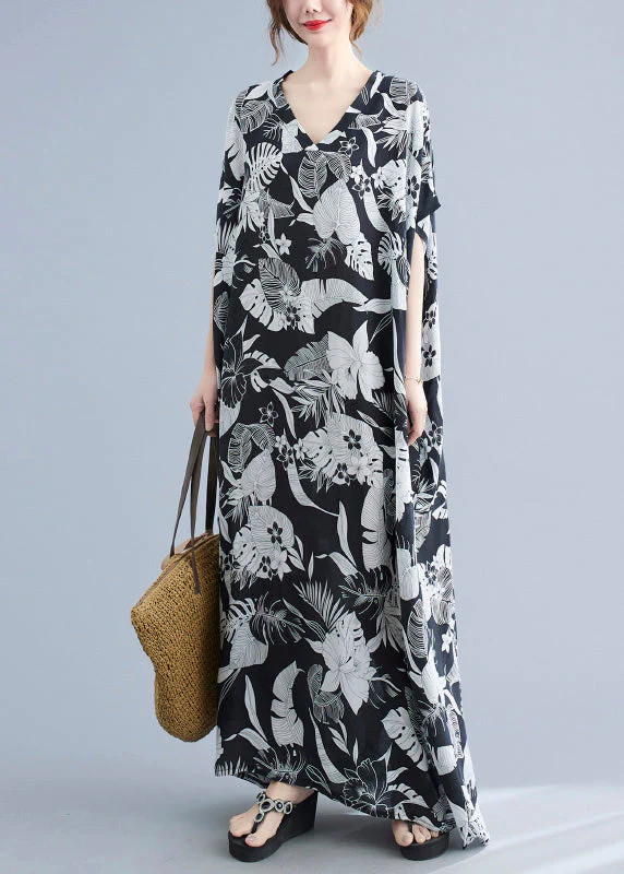 Natural Black V Neck Print Robe Dresses Short Sleeve - Image 4
