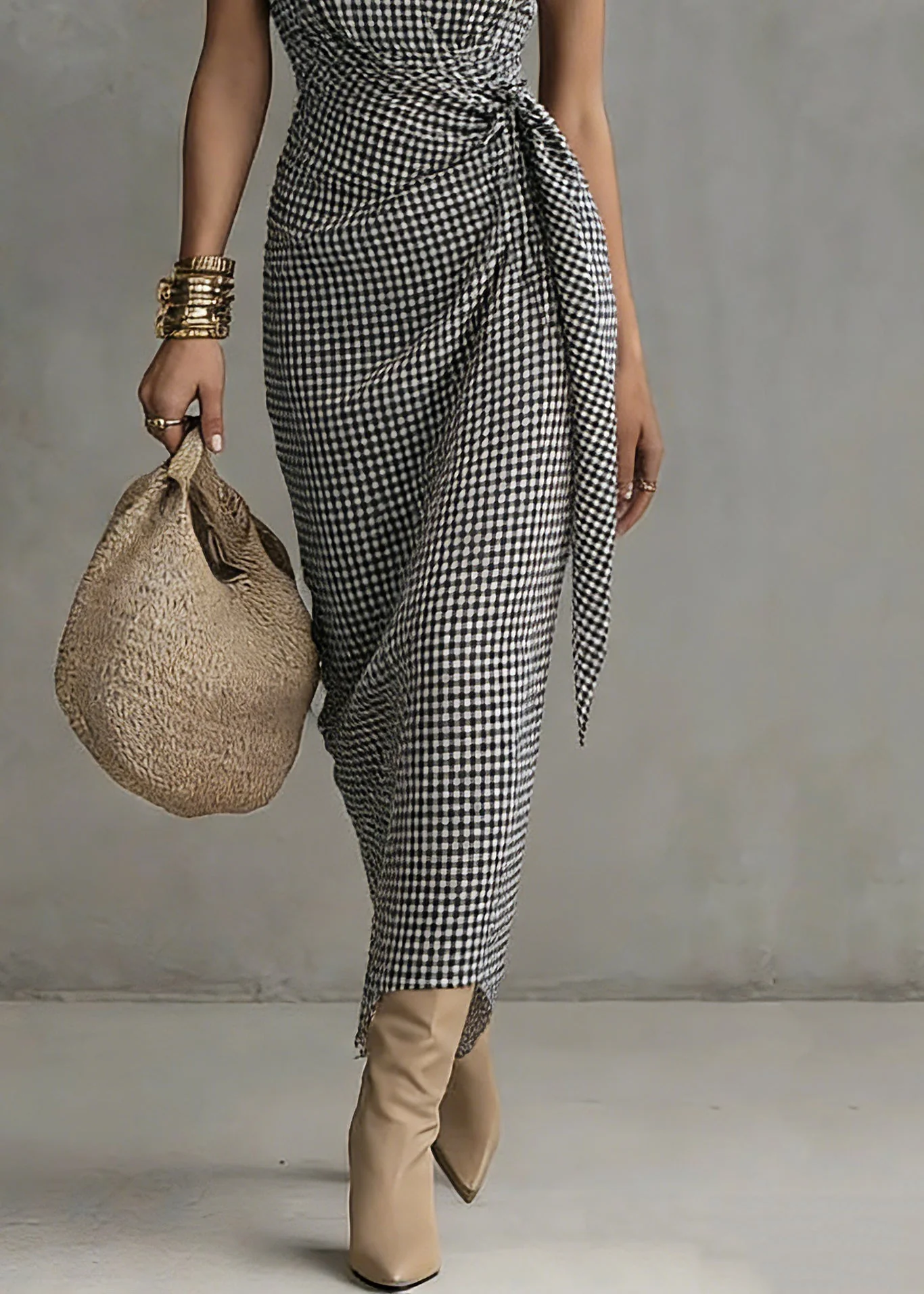 Natural Black White Plaid V Neck Tie Waist Long Dresses Summer - Image 4