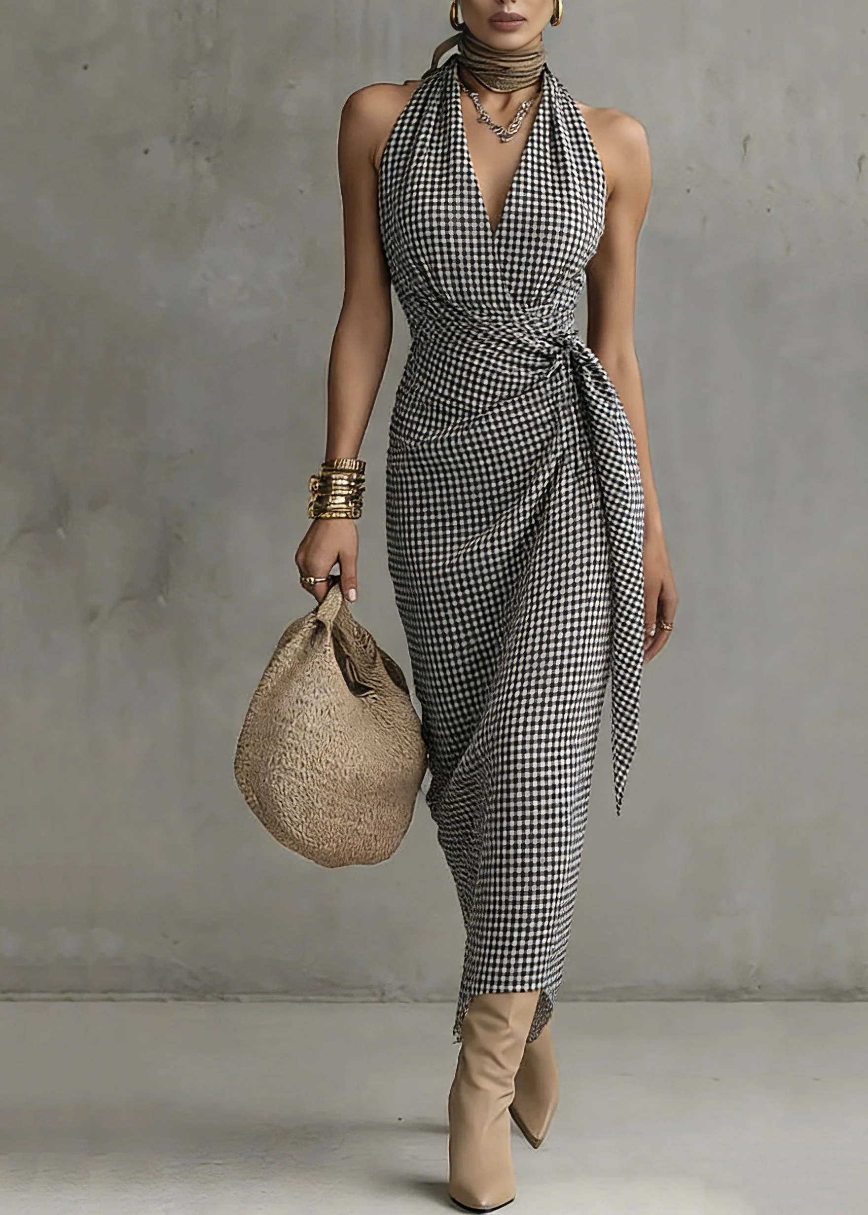 Natural Black White Plaid V Neck Tie Waist Long Dresses Summer - Image 5