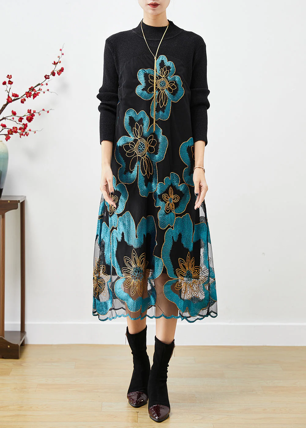 Natural Blue Embroideried Patchwork Knit Dress Fall - Image 2