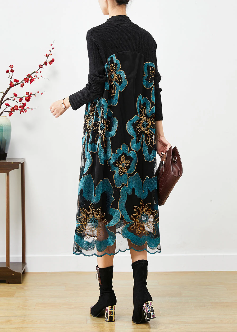 Natural Blue Embroideried Patchwork Knit Dress Fall - Image 4