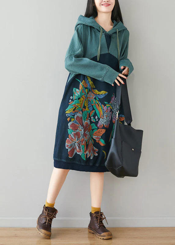 Natural Blue Hooded Patchwork Print Cotton Dresses Spring - Image 2