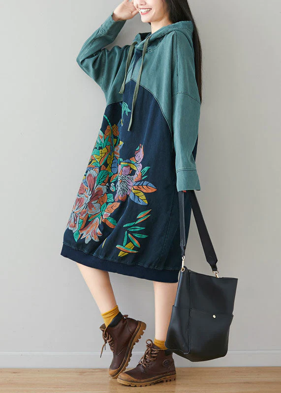 Natural Blue Hooded Patchwork Print Cotton Dresses Spring - Image 3
