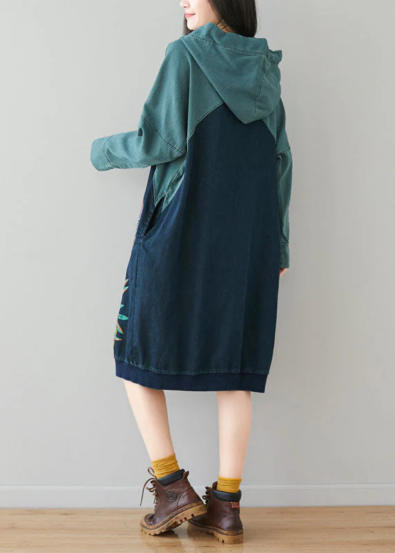 Natural Blue Hooded Patchwork Print Cotton Dresses Spring - Image 4