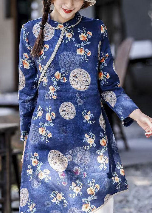 Natural Blue O-Neck Asymmetrical Print Linen Dresses Spring - Image 3