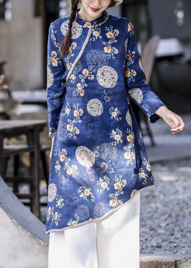 Natural Blue O-Neck Asymmetrical Print Linen Dresses Spring - Image 5