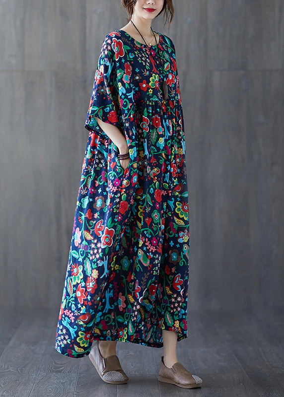 Natural Blue O-Neck Print Wrinkled Cotton Long Dresses Summer - Image 2