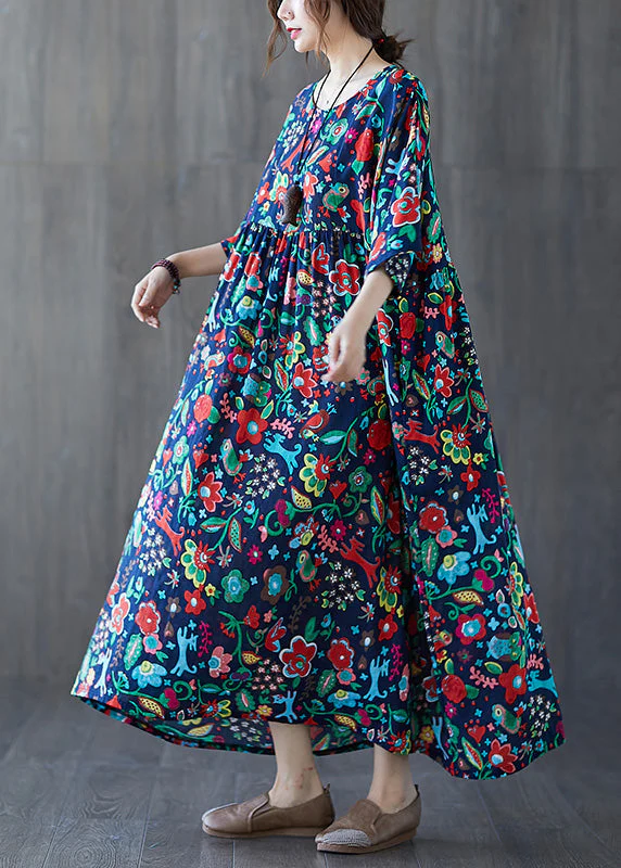 Natural Blue O-Neck Print Wrinkled Cotton Long Dresses Summer - Image 3