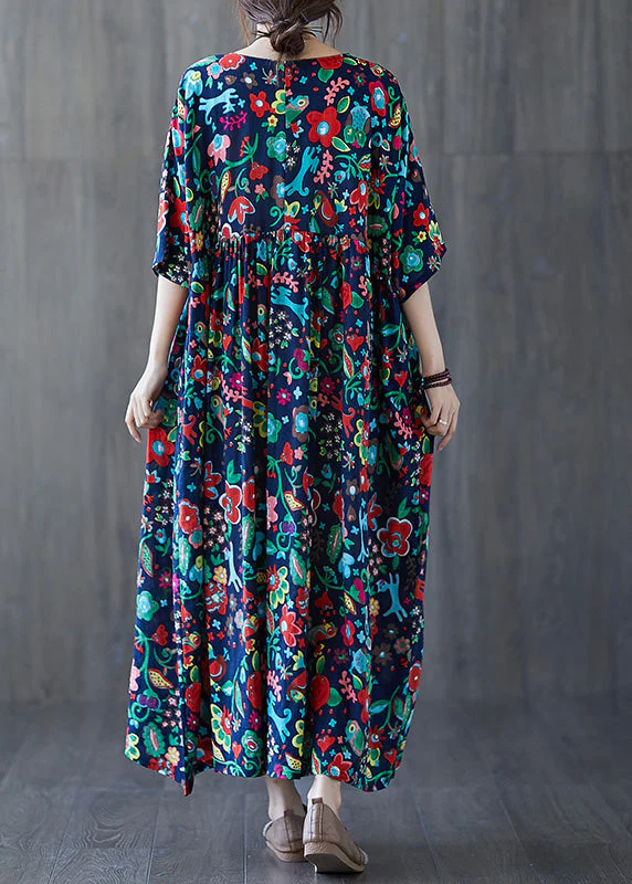 Natural Blue O-Neck Print Wrinkled Cotton Long Dresses Summer - Image 4
