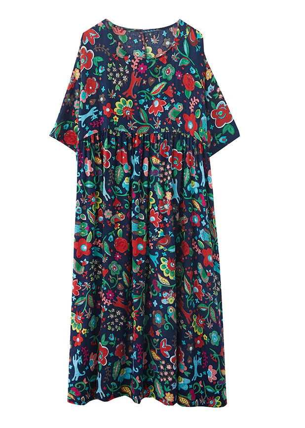 Natural Blue O-Neck Print Wrinkled Cotton Long Dresses Summer - Image 5