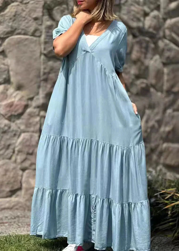 Natural Blue Oversized Patchwork Cotton Maxi Dresses Summer - Image 3
