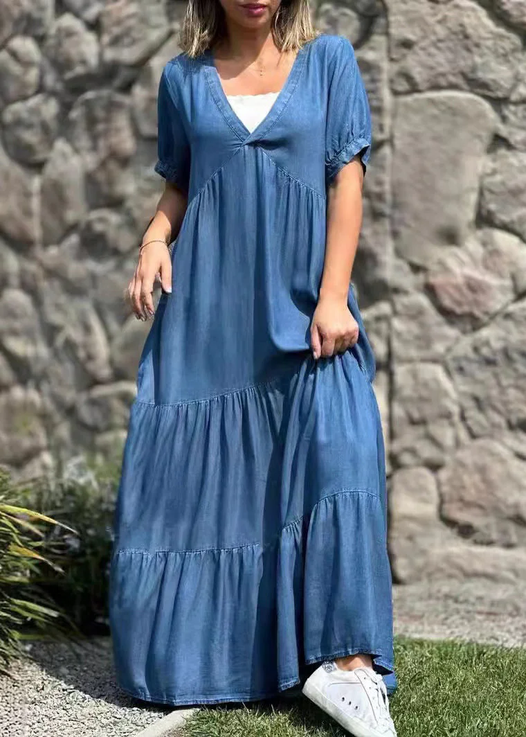 Natural Blue Oversized Patchwork Cotton Maxi Dresses Summer - Image 4