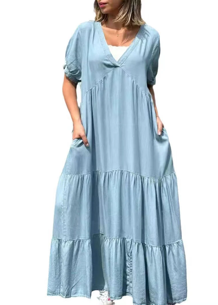 Natural Blue Oversized Patchwork Cotton Maxi Dresses Summer - Image 5