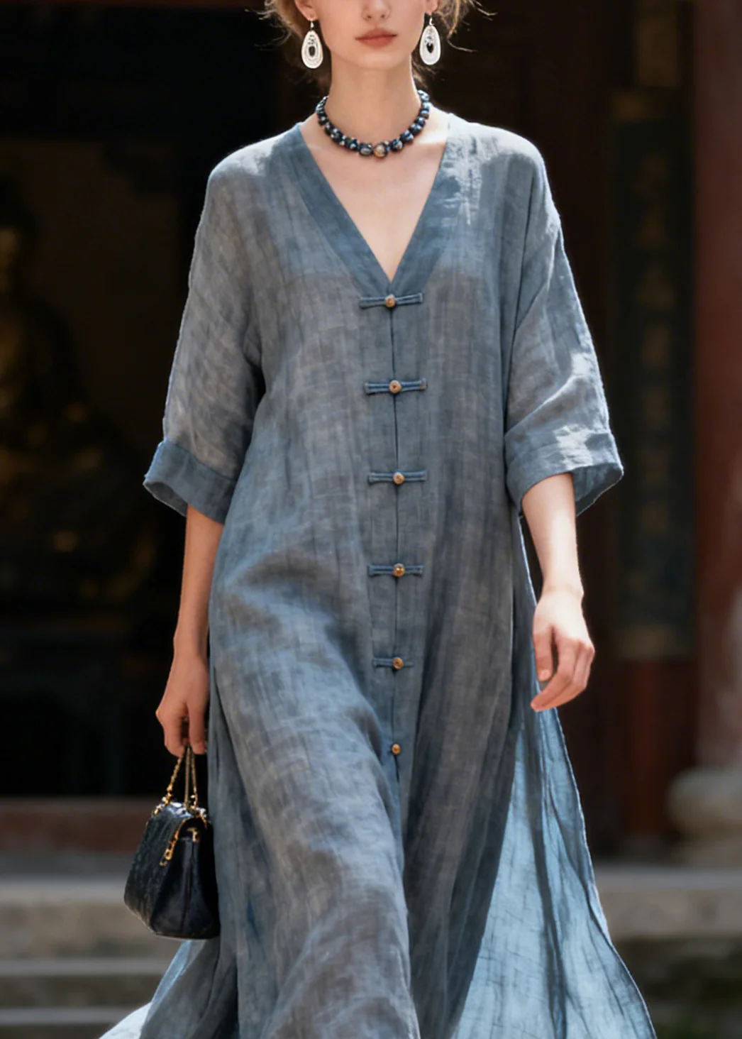 Natural Blue Patchwork Long Dress Half Sleeve - Image 2