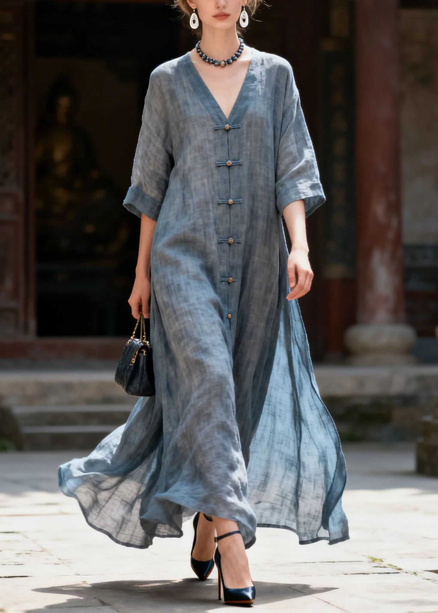 Natural Blue Patchwork Long Dress Half Sleeve - Image 3