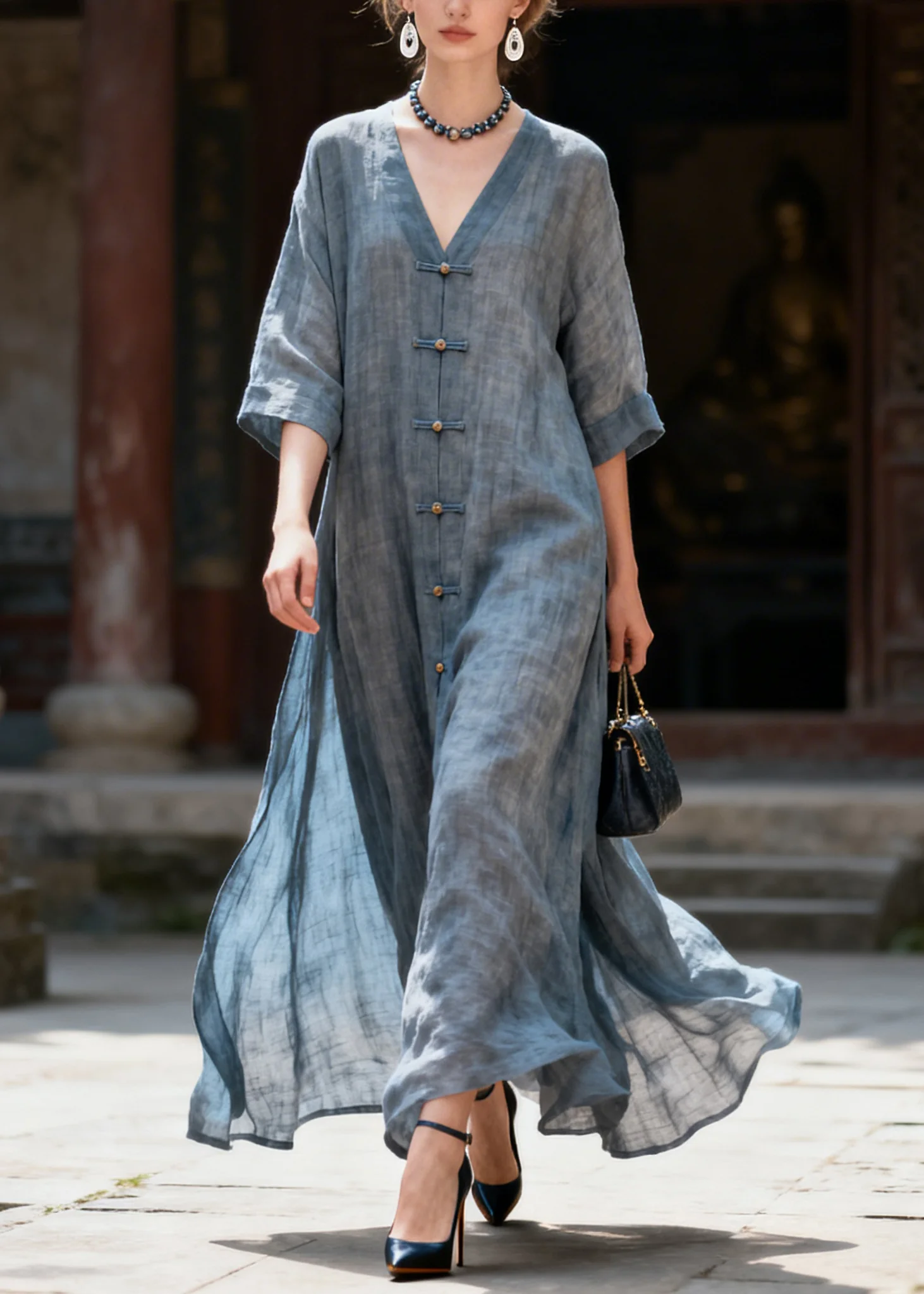 Natural Blue Patchwork Long Dress Half Sleeve - Image 5