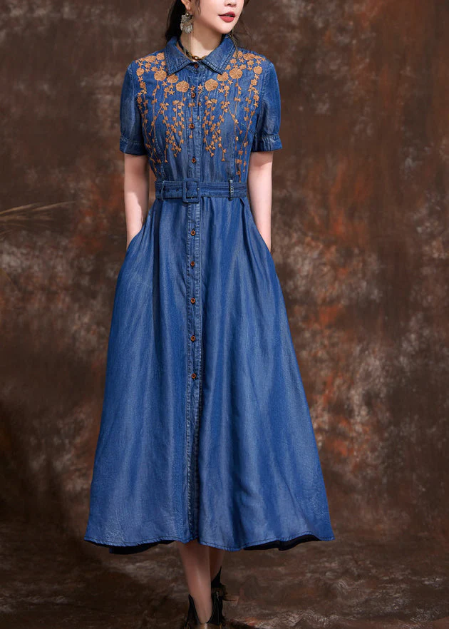 Natural Blue Peter Pan Collar Embroidered Slim Long Denim Dress Summer - Image 2
