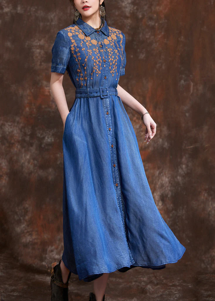 Natural Blue Peter Pan Collar Embroidered Slim Long Denim Dress Summer - Image 3