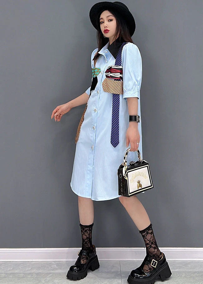 Natural Blue Peter Pan Collar Patchwork Chiffon Shirt Dress Short Sleeve - Image 3