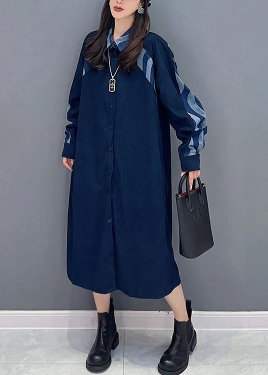 Natural Blue Peter Pan Collar Patchwork Denim Shirts Dresses Fall - Image 2