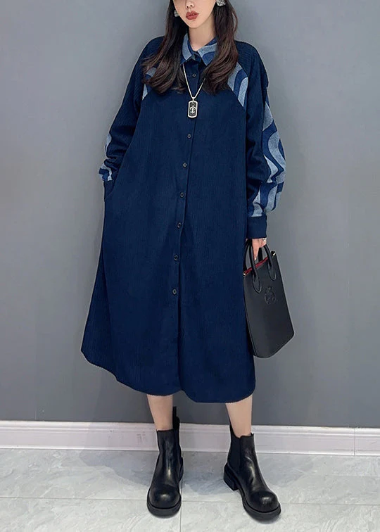Natural Blue Peter Pan Collar Patchwork Denim Shirts Dresses Fall - Image 3