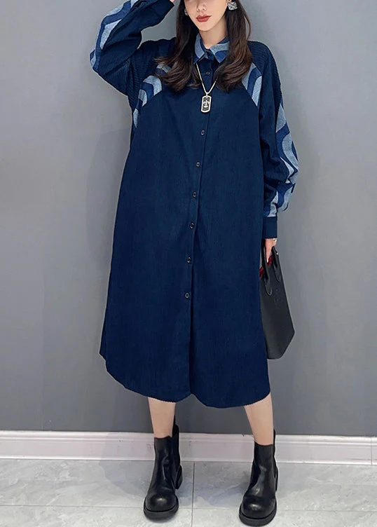 Natural Blue Peter Pan Collar Patchwork Denim Shirts Dresses Fall - Image 4