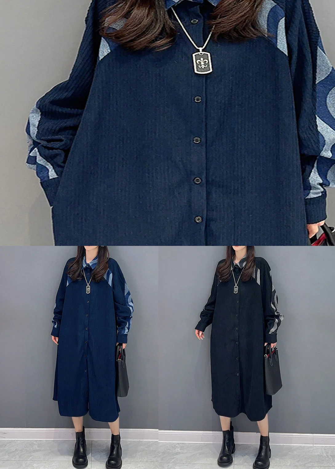 Natural Blue Peter Pan Collar Patchwork Denim Shirts Dresses Fall - Image 5