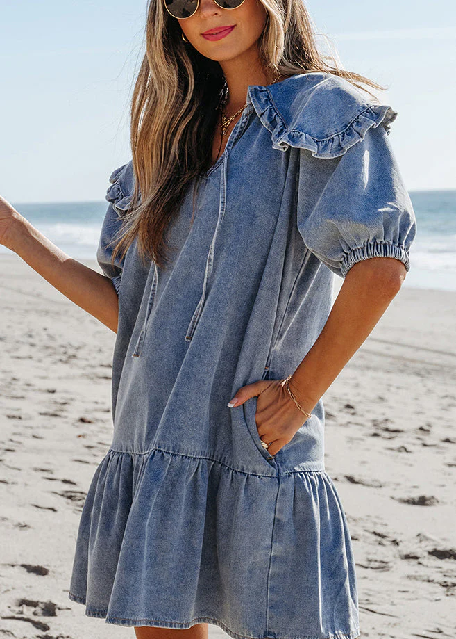 Natural Blue Sailor Collar Patchwork Denim Mid Dresses Summer - Image 4