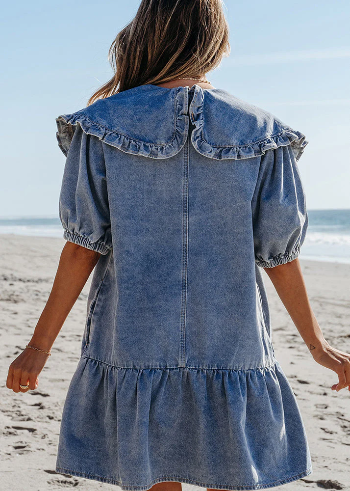 Natural Blue Sailor Collar Patchwork Denim Mid Dresses Summer - Image 5
