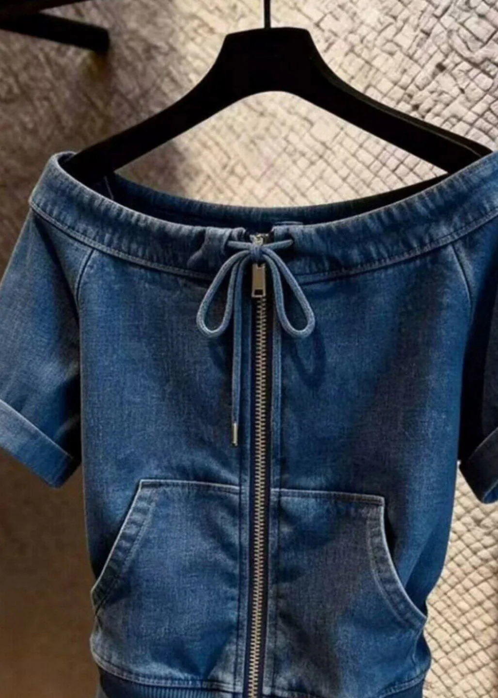 Natural Blue Slash Neck Zippered Tie Lace Denim Top Short Sleeve - Image 2