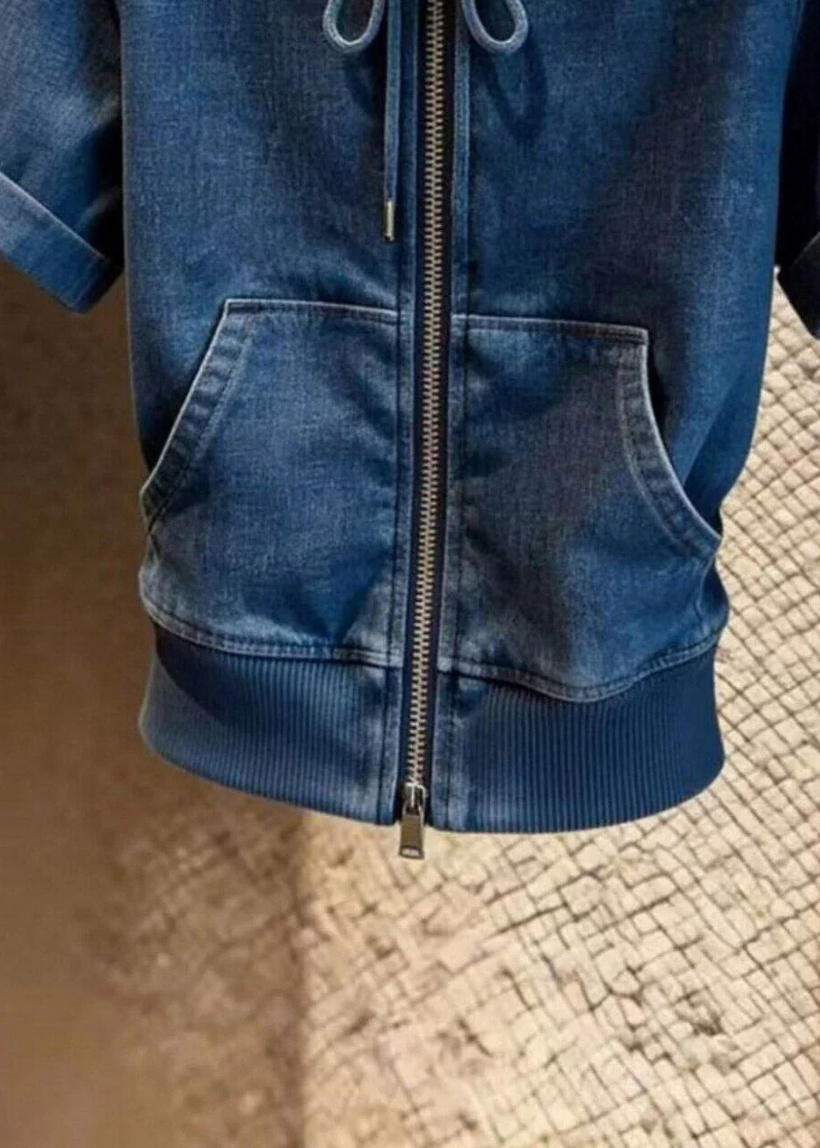 Natural Blue Slash Neck Zippered Tie Lace Denim Top Short Sleeve - Image 4