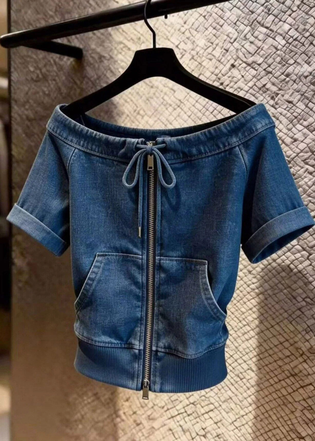 Natural Blue Slash Neck Zippered Tie Lace Denim Top Short Sleeve - Image 5