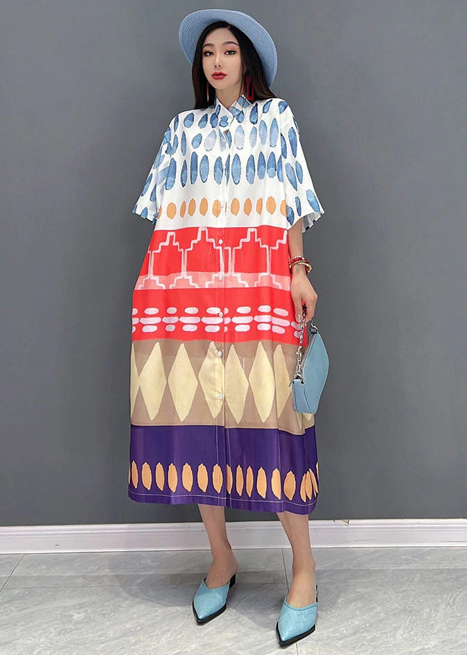 Natural Blue Stand Collar Patchwork Chiffon Shirt Dresses Half Sleeve - Image 2