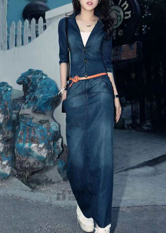 Natural Blue V Neck Button Pockets Patchwork Denim Long Dress Fall - Image 2