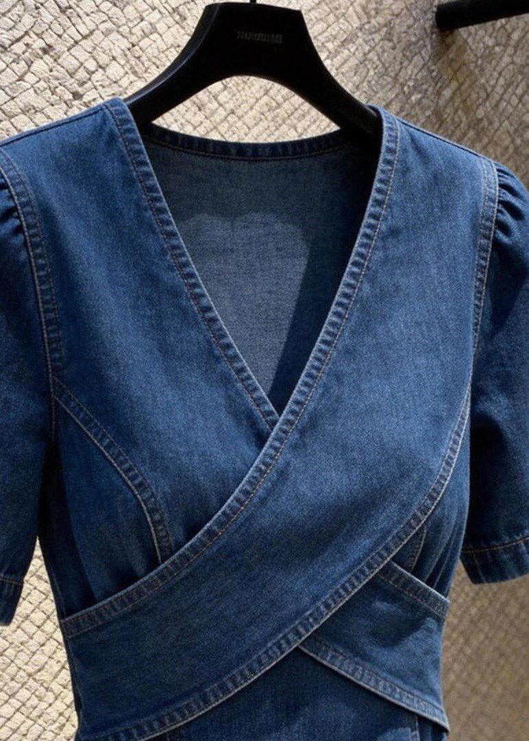 Natural Blue V Neck Patchwork Denim Shirt Summer - Image 2