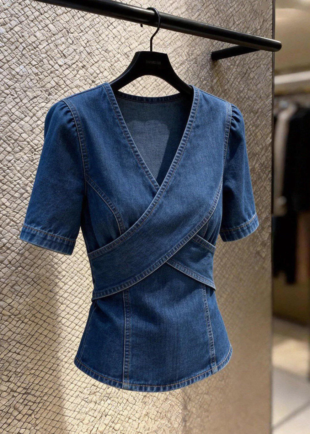 Natural Blue V Neck Patchwork Denim Shirt Summer - Image 3
