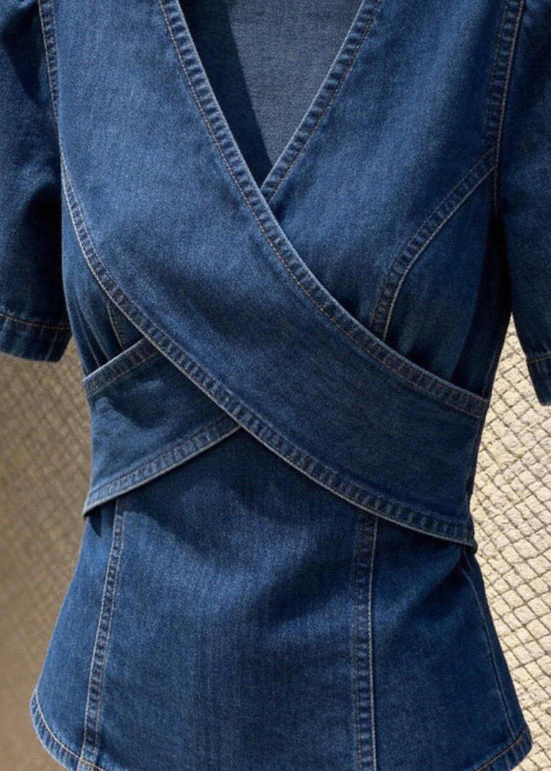 Natural Blue V Neck Patchwork Denim Shirt Summer - Image 4