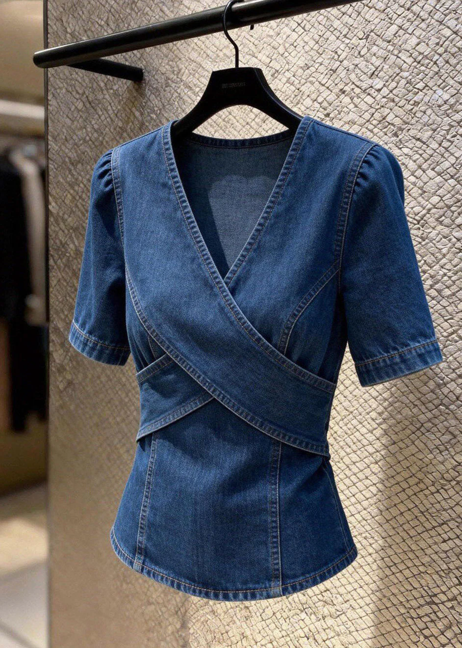 Natural Blue V Neck Patchwork Denim Shirt Summer - Image 5