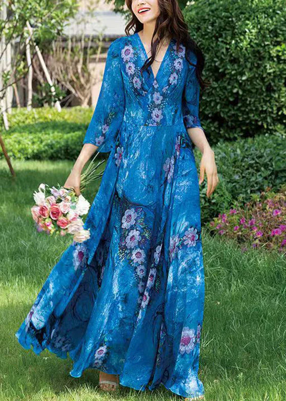 Natural Blue V Neck Print Chiffon Long Holiday Dress Long Sleeve - Image 2