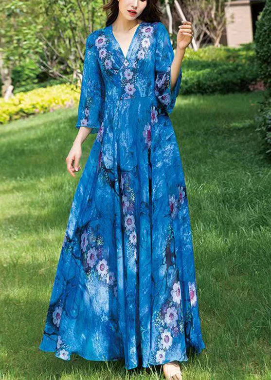 Natural Blue V Neck Print Chiffon Long Holiday Dress Long Sleeve - Image 3