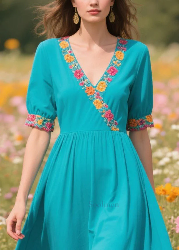 Natural Blue V Neck Print Cotton Vacation Dress Summer - Image 2