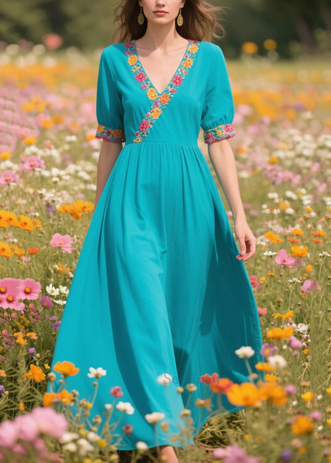 Natural Blue V Neck Print Cotton Vacation Dress Summer - Image 3