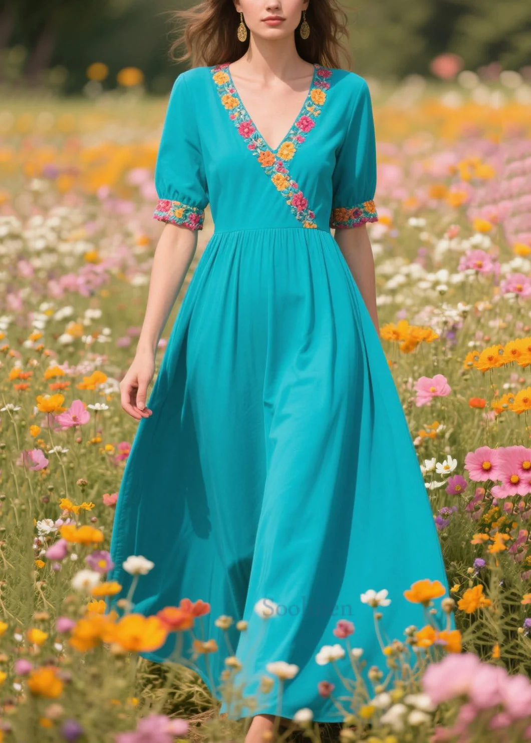 Natural Blue V Neck Print Cotton Vacation Dress Summer - Image 5