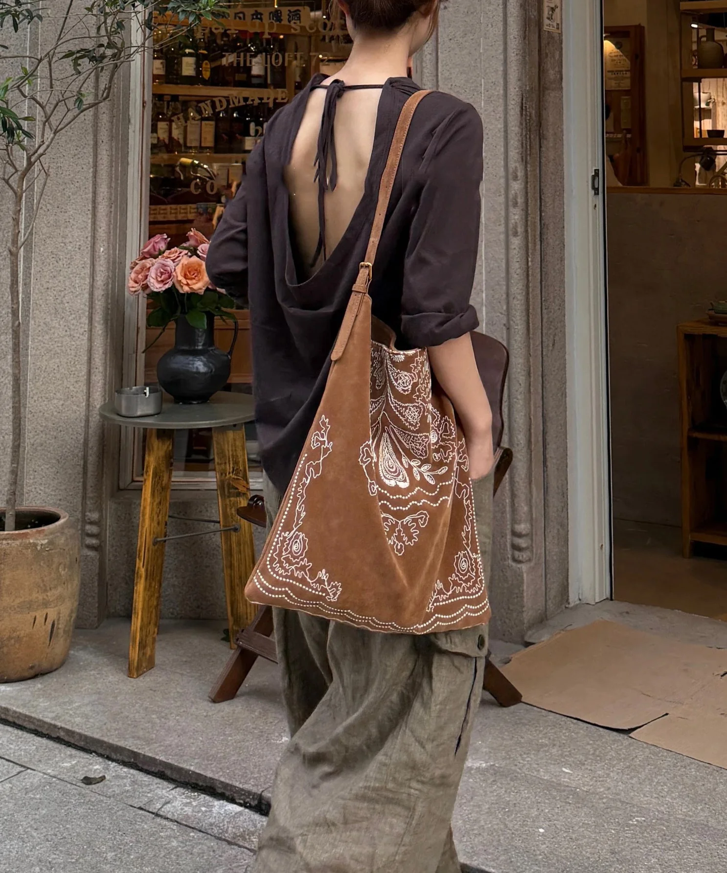 Natural Brown Embroidered Large Capacity Faux Suede Shoulder Bags - Image 3