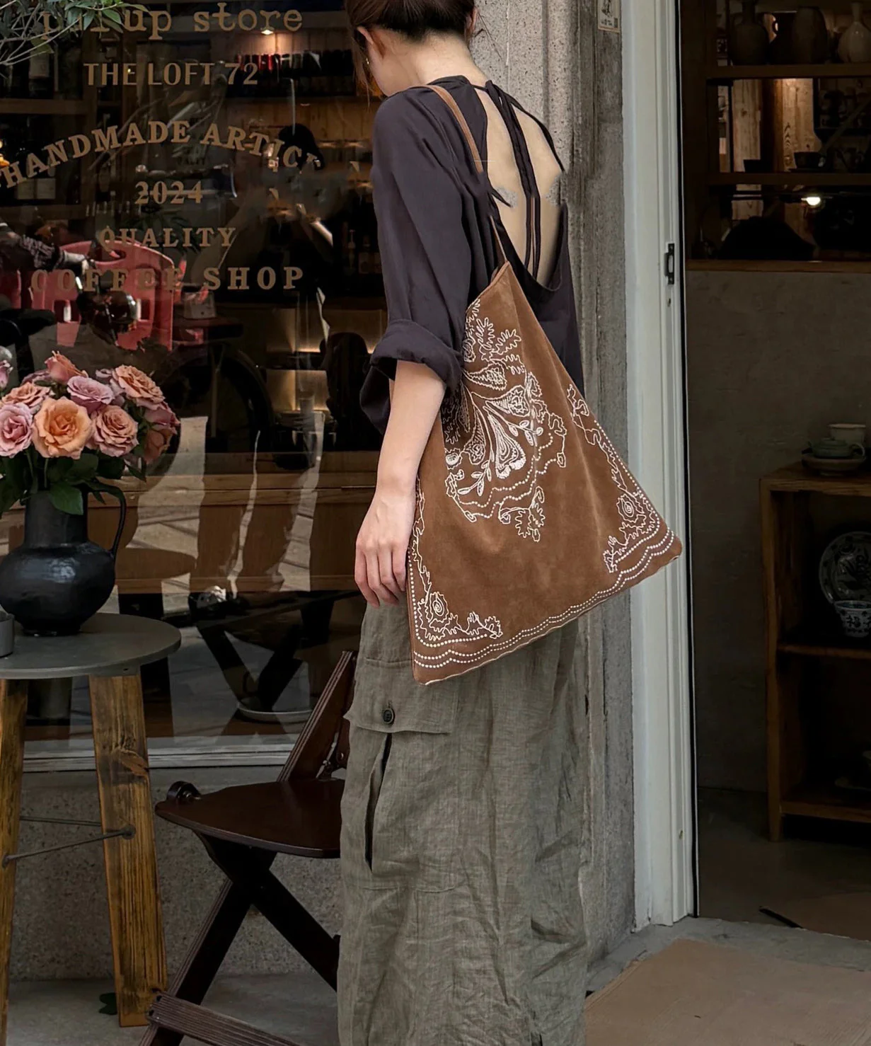 Natural Brown Embroidered Large Capacity Faux Suede Shoulder Bags - Image 5