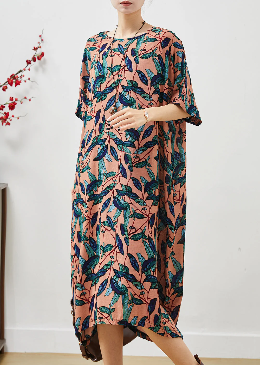 Natural Brown Oversized Print Linen Maxi Dress Summer - Image 3